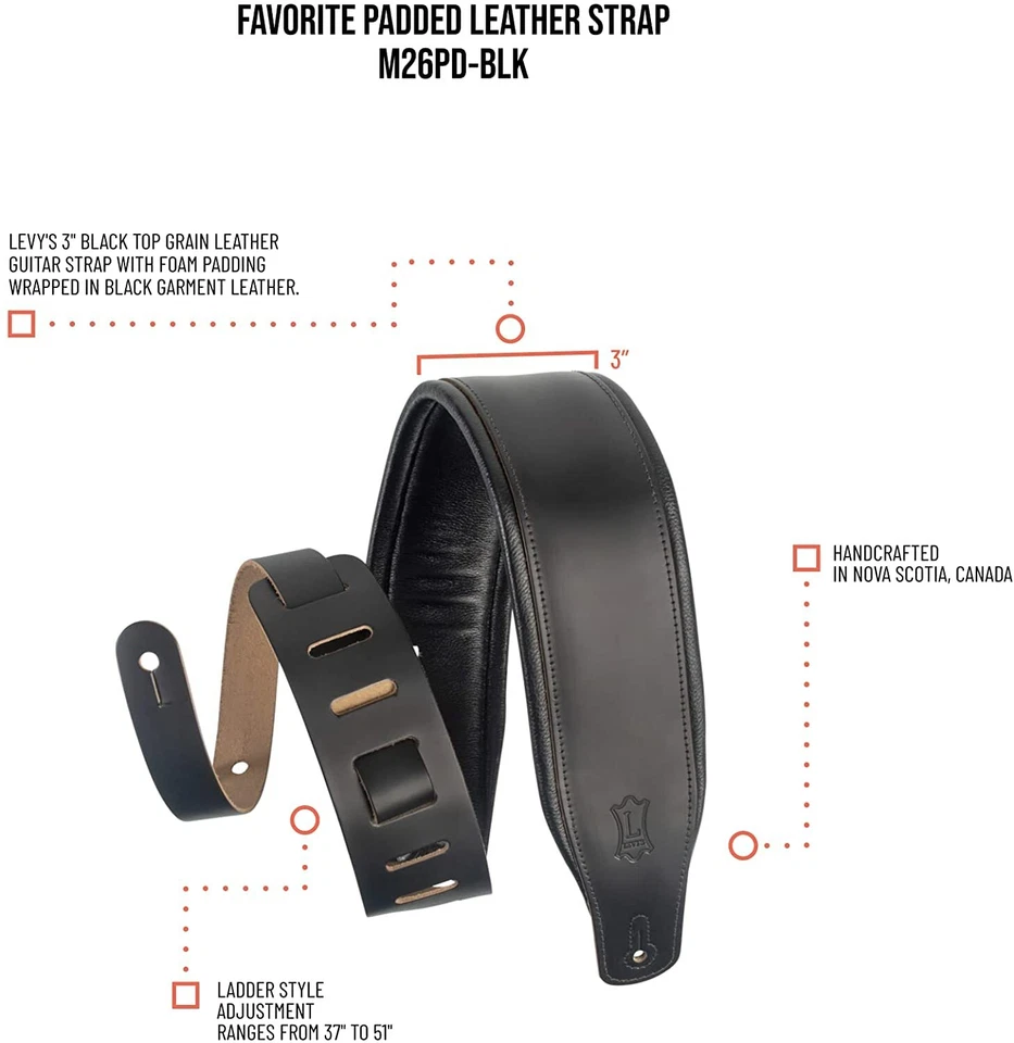 Correa de guitarra de cuero de 3" de ancho Levy's Leathers con relleno de espuma y ropa de cuero Foto 4 de 4