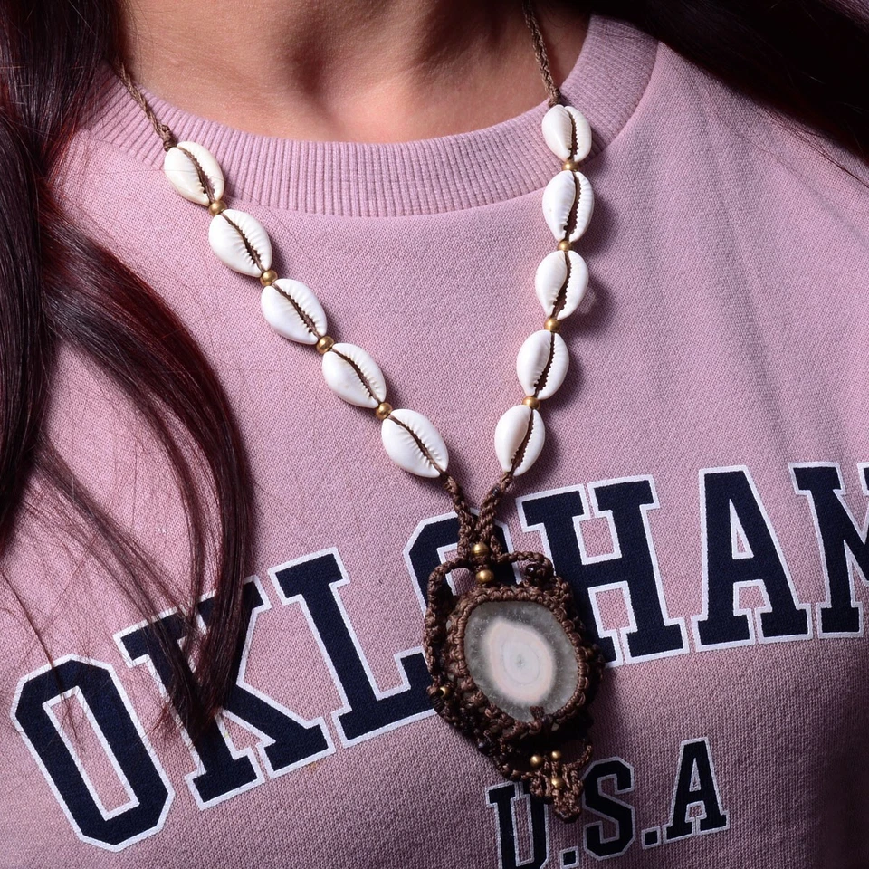 Healing Natural Solar Quart Cowrie Shell Boho Macrame Gemstone Handmade Necklace - Image 2 of 4