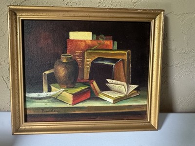 Vintage Frank Lean Original Oil Painting Still Life Books Vase Gold Frame Signed