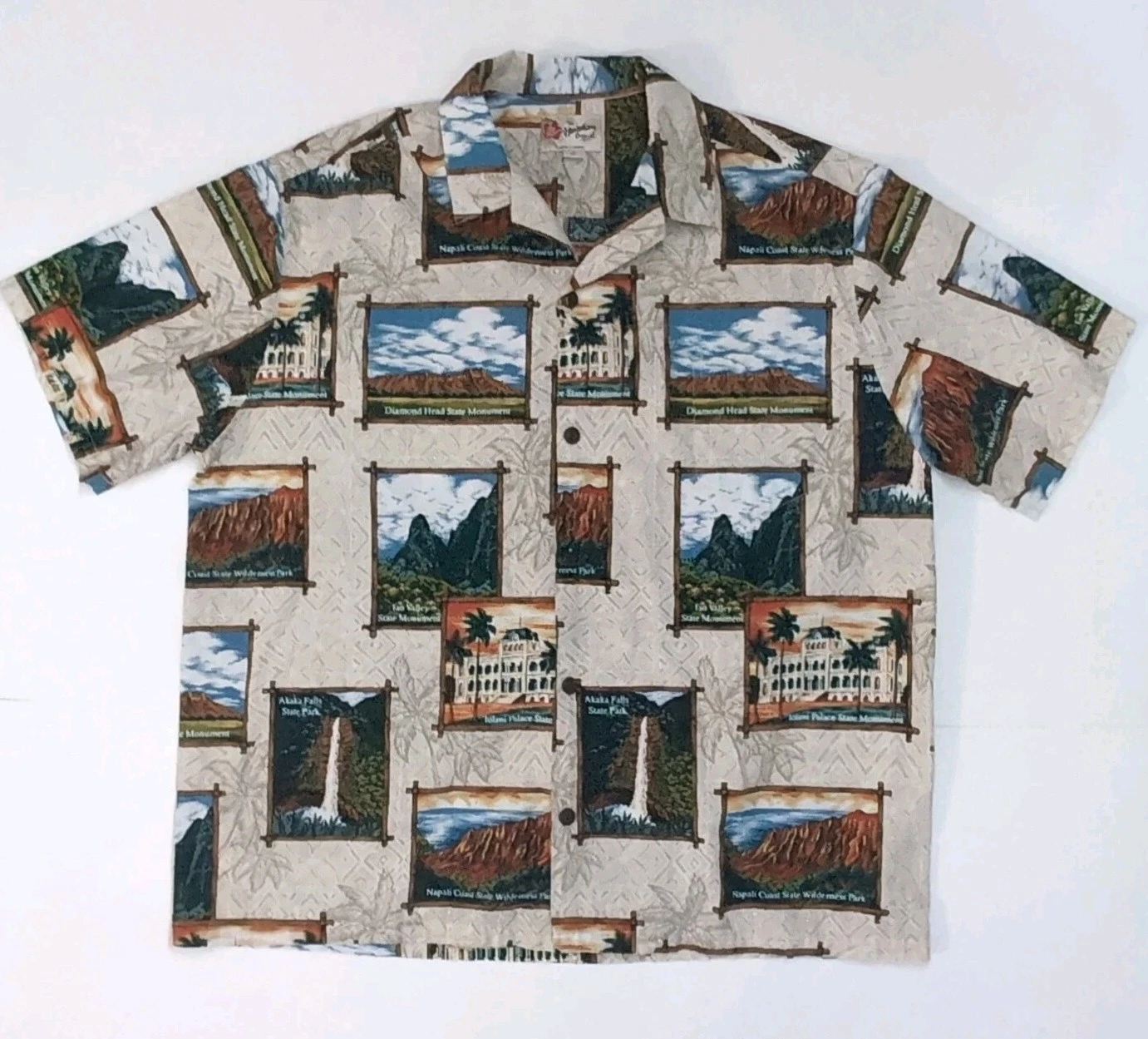 Hilo Hattie Hawaiian Aloha Shirt Tourist Spot Parks Valley Monument 2XL Beige