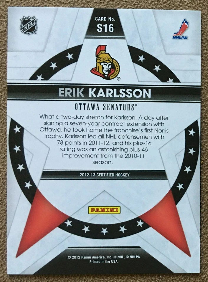 Erik Karlsson 2012-13 Panini Certified Stars Foil #S16 /999 Ottawa Senators NHL - Image 2 of 3