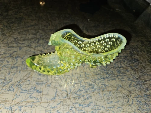 Fenton Topaz Opalescent Hobnail Uranium Glass Cat Head Slipper Shoe