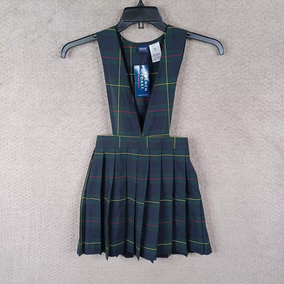 French Toast Skirt Girls 8 Green Blue Plaid Jumper V Neck Pleated