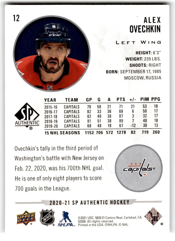 2020-21 SP Authentic Alex Ovechkin #12 Washington Capitals - Image 2 of 2