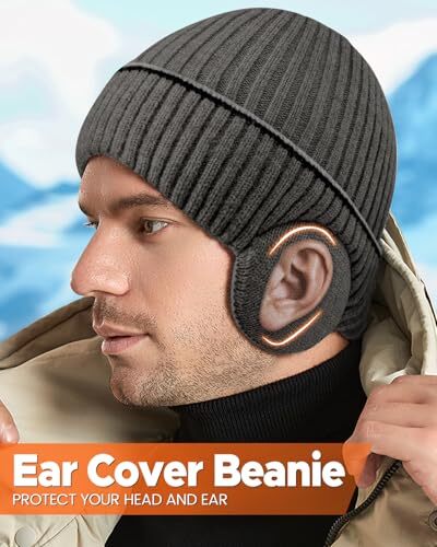 Winter Hats with Earflap - Knit Fleece Line Beanie One Size-Large Darkgray - Picture 3 of 7
