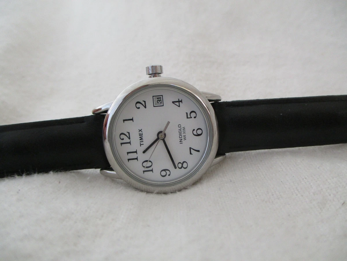 Timex Watch Round White Face Silver Toned Black Leather Band Date Indicator