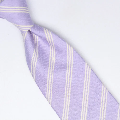 John G Hardy Mens Shantung Silk Necktie Lavender White Triple Repp Stripe Slub