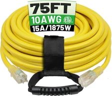 75 Ft 10/3 Outdoor Extension Cord Waterproof Heavy Duty 10 Gauge 3 Prong, Fle...