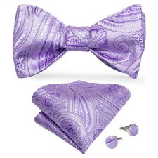 Mens Bowtie Selftied Purple Paisley Bow Tie Set Wedding Event Hankie Cufflinks
