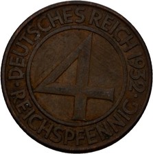 Deutsches Reich 4 Reichspfennig 1932 Kupfer 5 g Original  M&uuml;nze #QB400