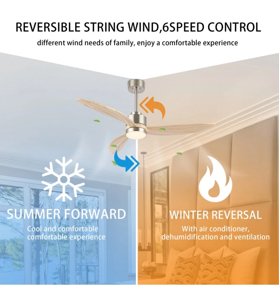 52" 3-Solid Wood Blade Propeller indoor LED Ceiling Fan, Nickel and Wood Fan. - Image 4 of 4