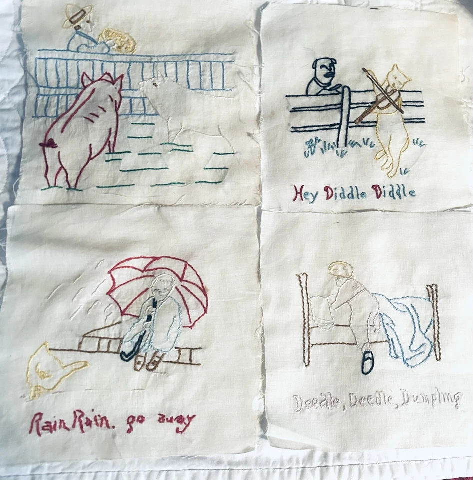 25 VINTAGE QUILT BLOCKS Hand Embroidered Childrens Theme Nursery Rhymes Animals - Image 2 of 4