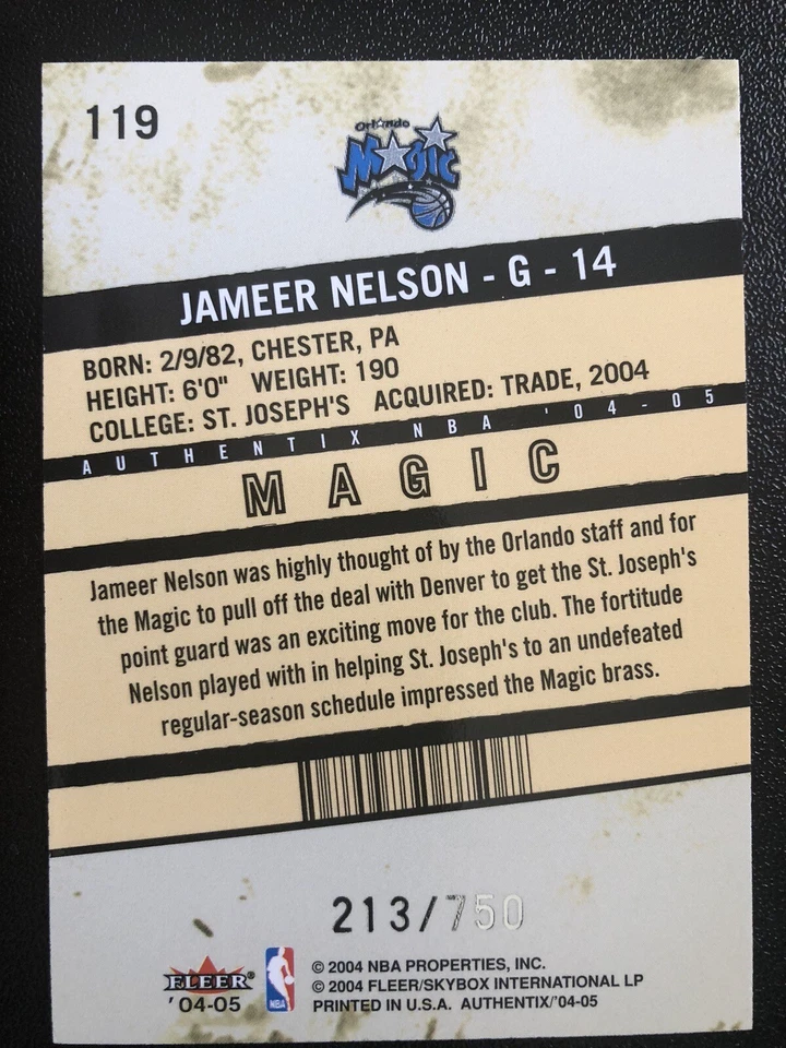 Jameer Nelson 2004-05 Fleer Authentix Ticket To The Pros #119. 213/750 — 第 2/4 张图片