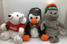 3 Vintage Coca Cola Bean Bag Plush Collectibles Polar Bear Penguin Seal