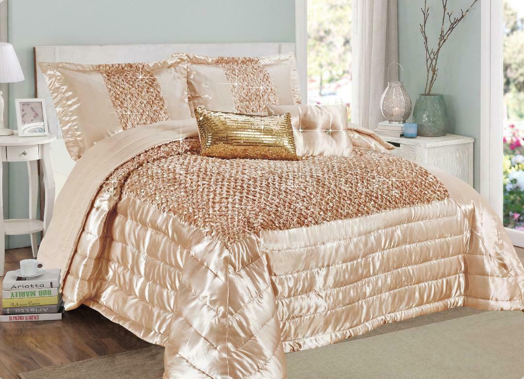Details zu  Luxury 3 Piece Sequin Bedspread Quilted Bed Throw Double King Size Comforter Set Beliebte neue Nummer