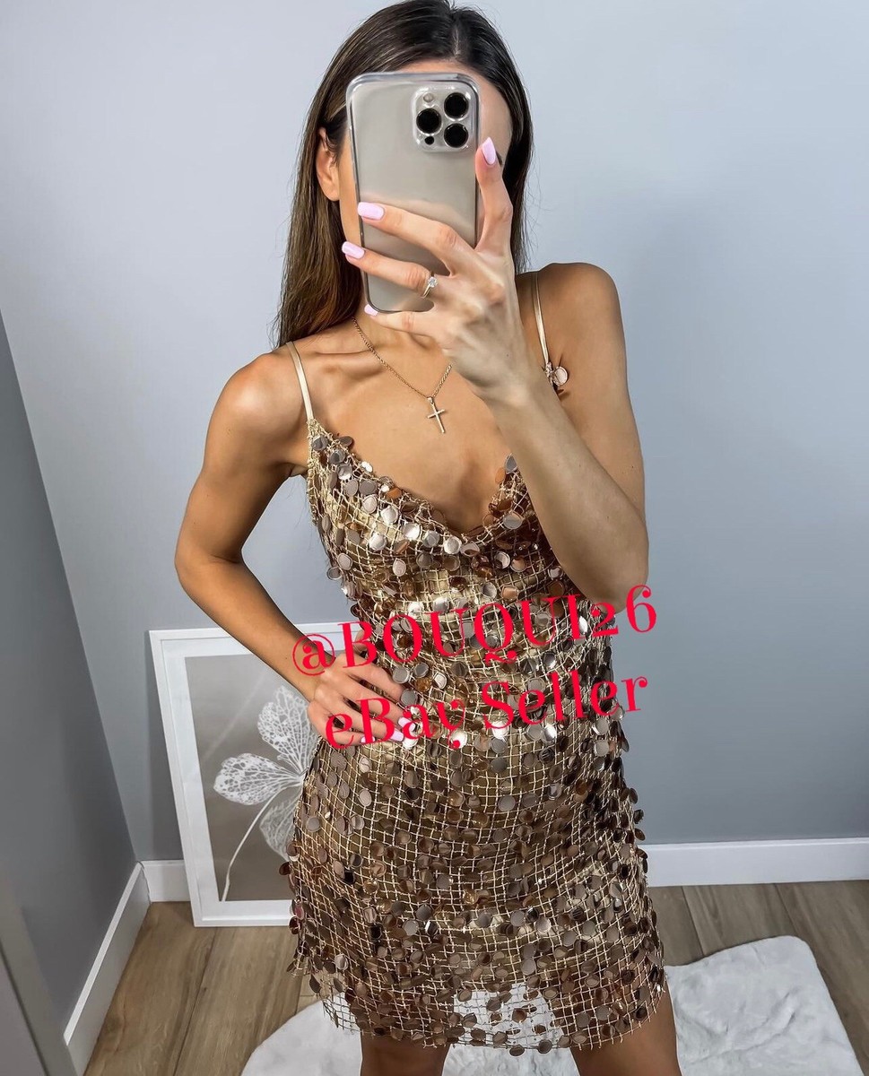 ZARA WOMAN NWT FW22 GOLDEN SEQUIN MINI DRESS ALL SIZES REF