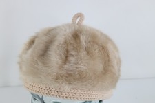 Vintage 70s 80s Streetwear Plush Faux Fur Beret Hat Cap Beige Cream Womens OSFM