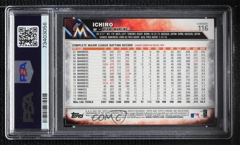 2016 Topps Chrome Sepia Refractor Ichiro Suzuki Ichiro #116 PSA 9 MINT HOF - Image 2 of 2