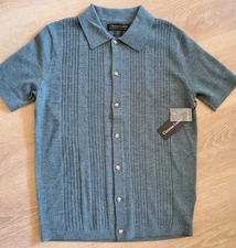 Christian Lacroix Men's Sweater Green Merino Wool Button-Up SS Shirt -SMALL 