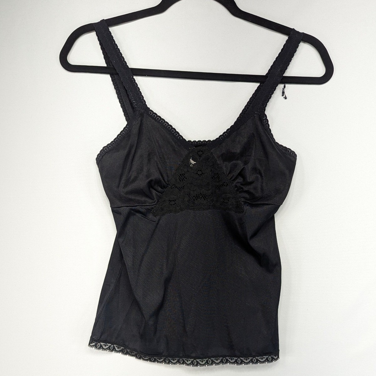 Vintage Black Lace Trim Camisole Tank Top Small Made in USA Nylon