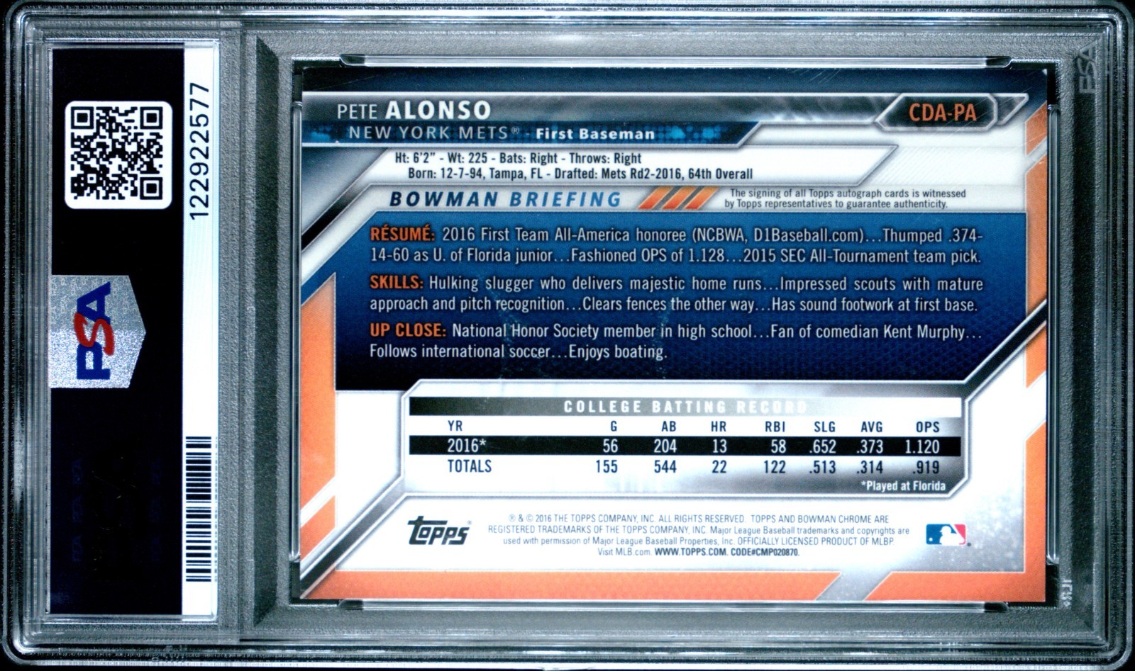 2016 Bowman Draft Chrome Auto Pete Alonso RC Auto PSA 8 (b) view 2