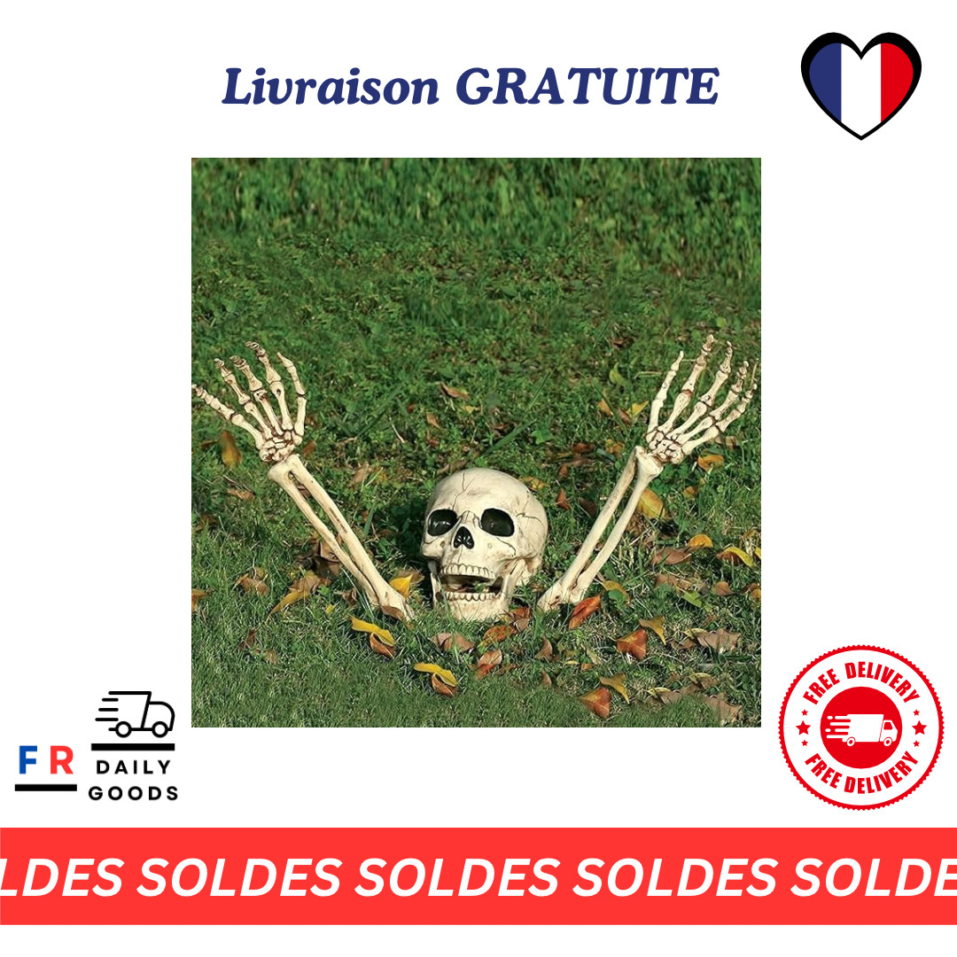 Crâne et bras de squelette Halloween réaliste, kit décoration intérieure et jardin