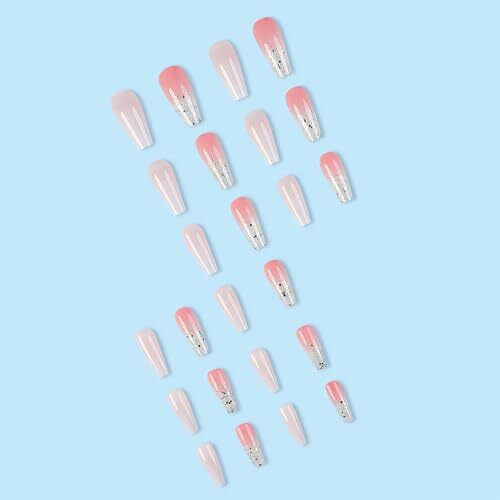 Pink Press on Nails Long Coffin Fake Nails White Glitter Sequins Glue on - Picture 4 of 7