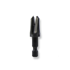 Black metal 1/4-inch tapered plug cutter with hexagonal center and chamfered edges, made in the USA.