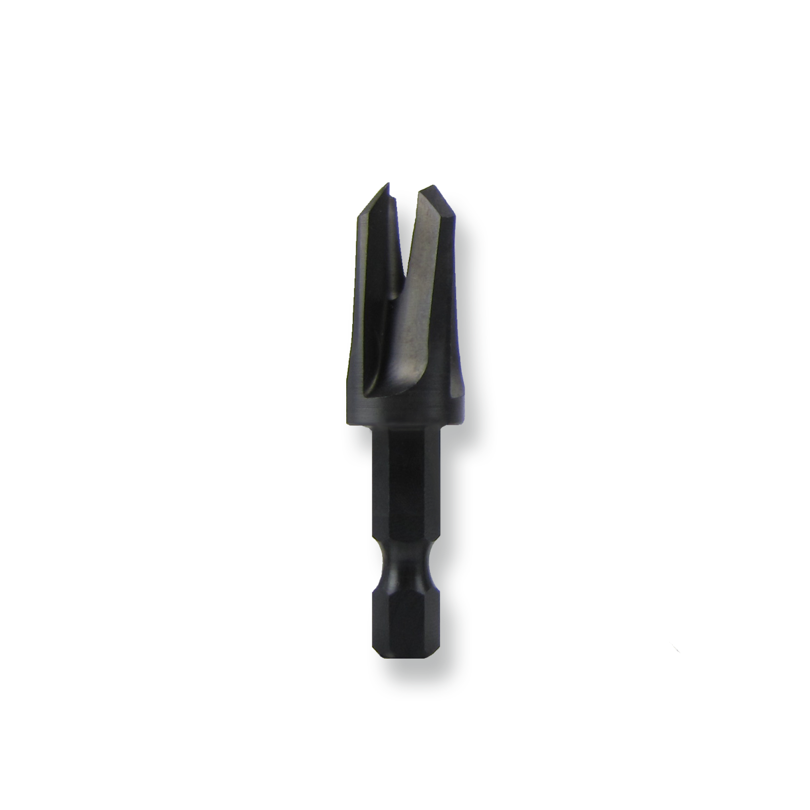 Black metal 1/4-inch tapered plug cutter with hexagonal center and chamfered edges, made in the USA.
