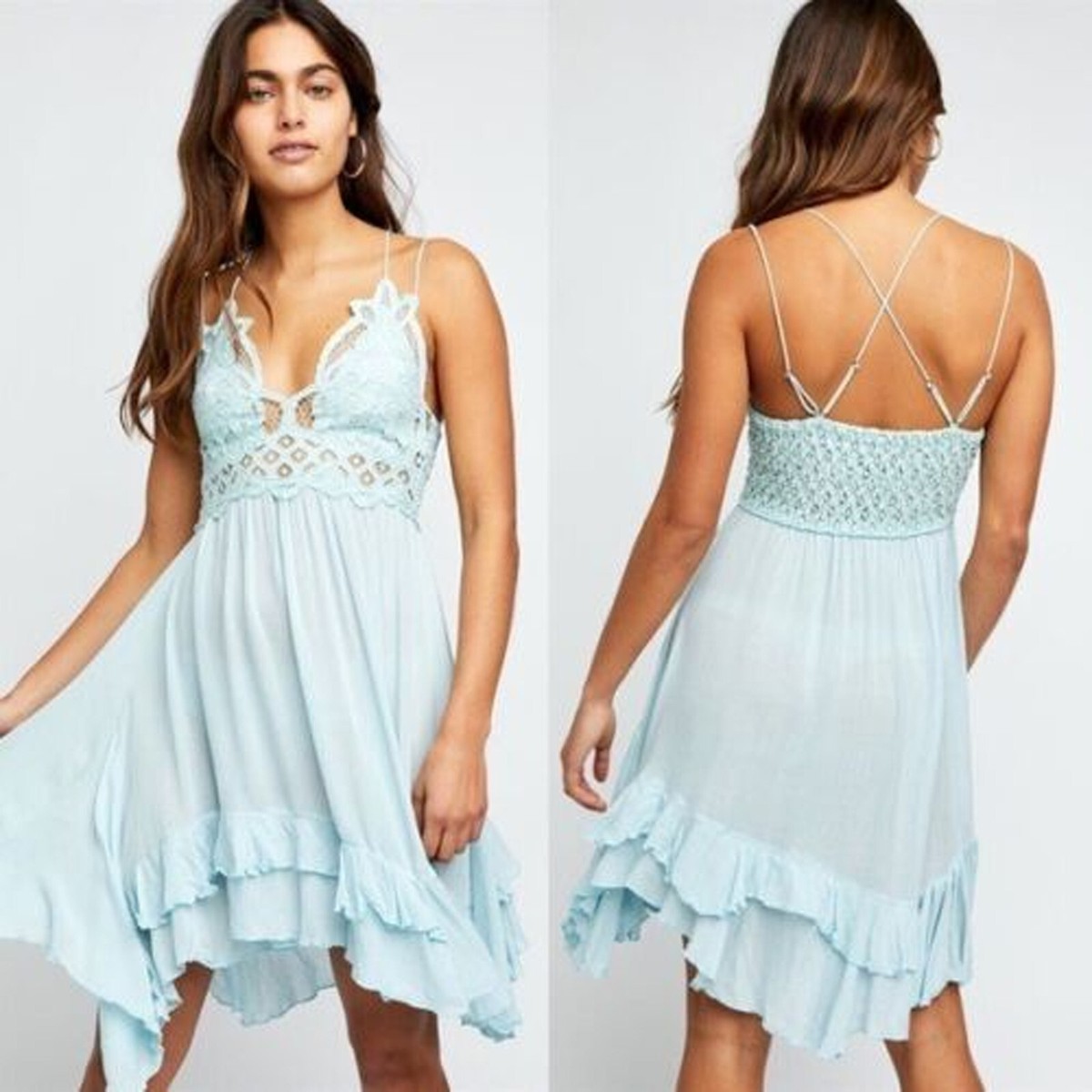 Free People XS Blue Seawashed Adella Slip Dress Lace Crochet Asymmetrical  B31