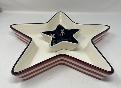 dei Dennis East Stars & Stripes Ceramic Chip & Dip 15.5  Patriotic Red White Blu