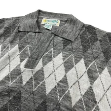 NEW VTG Gino Paoli Men's Full Fashioned L/S Polo Shirt Gray Argyle • Large