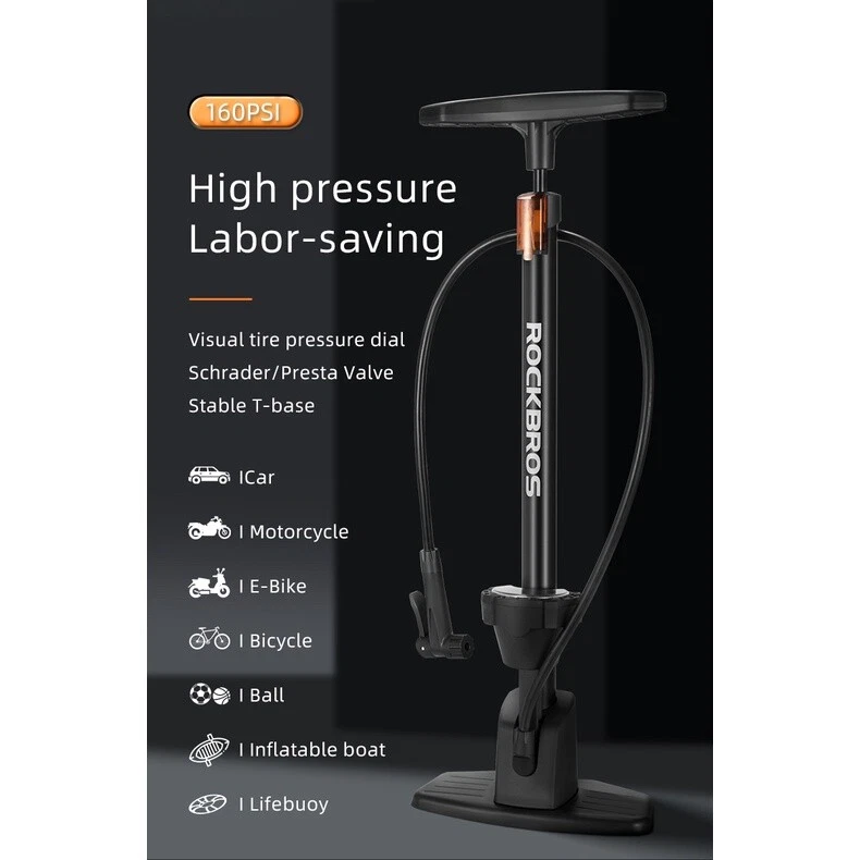 Bomba de bicicleta ROCKBROS alta pressão 160Psi Schrader Presta válvula barômetro inflador - Imagem 3 de 4