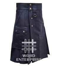 Scottish Handmade Black Cotton Utility Kilt Custom Size Kilts for Men's