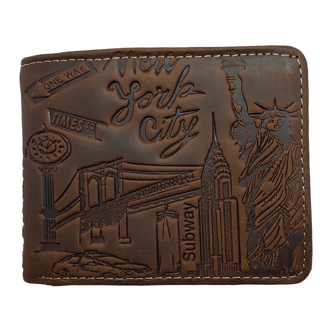 NYC USA Men's Brown Multi-Card Embossed Leather Bifold Wallet NWT  