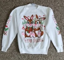 Vintage 90s Christmas Bunny Rabbit Heart Sweatshirt Womens Large Made in USA