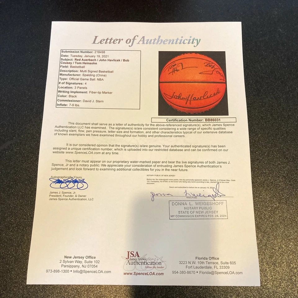 Red Auerbach John Havlicek Bob Cousy Celtics Legends Signed Basketball JSA COA  - Image 2 of 4