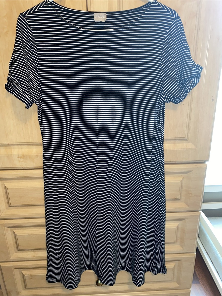 chico's black and white dress Striped Stretch Knit Short Sleeve Size 1 (8/10) Synthetic 5% Spandex black backless homecoming dresses Select Size:S