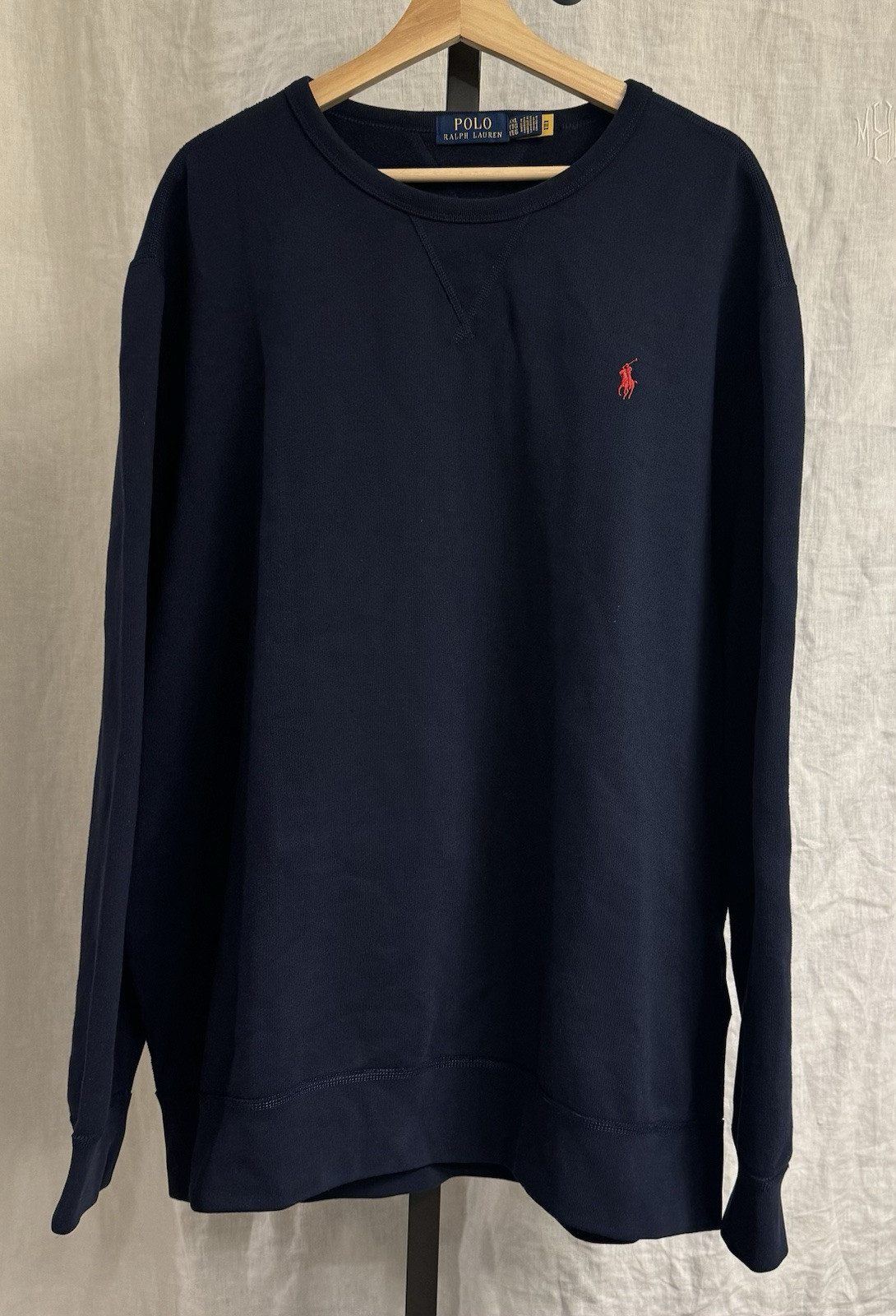 PONY Polo Ralph Lauren classica felpa girocollo tinta unita blu navy logo rosso taglia XXL
