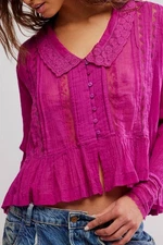 Free People Elodie Blouse Dragonfruit V Neck Balloon Sleeve Buttondown Top New L