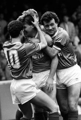Rangers Ian Durrant Ally McCoist and Davie Cooper celebrate after - Old Photo