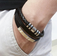 1pc Men’s 21cm Multilayer Leather Bracelet Stainless Steel Vintage Gift - NEW