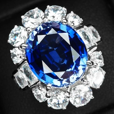Somptueuses bagues florales faites main en argent sterling 925 saphir bleu ro... - Photo 1/4