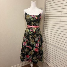 Jessica Howard vtg size 10 black a line tea length dress tropical floral print