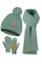 Women Winter Beanie Hat Scarf Gloves Set, Fleece Knitted Pompom Hat Mint Green