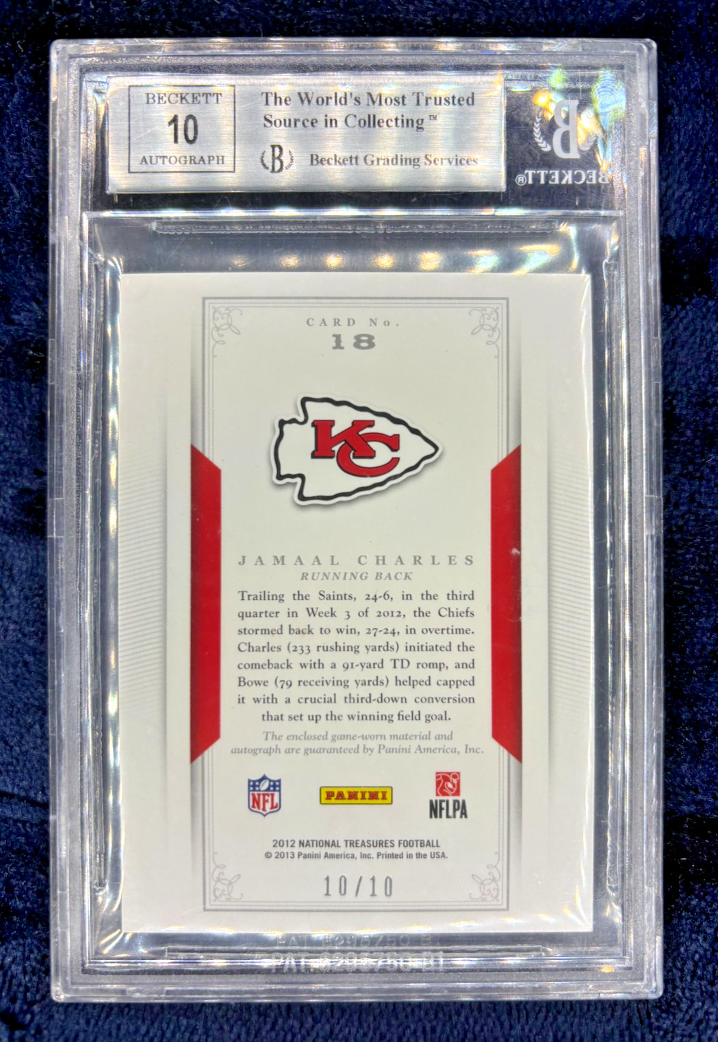 2012 JAMAAL CHARLES GAME-USED PATCH AUTO SSP 10/10 CHIEFS BGS 9 view 2