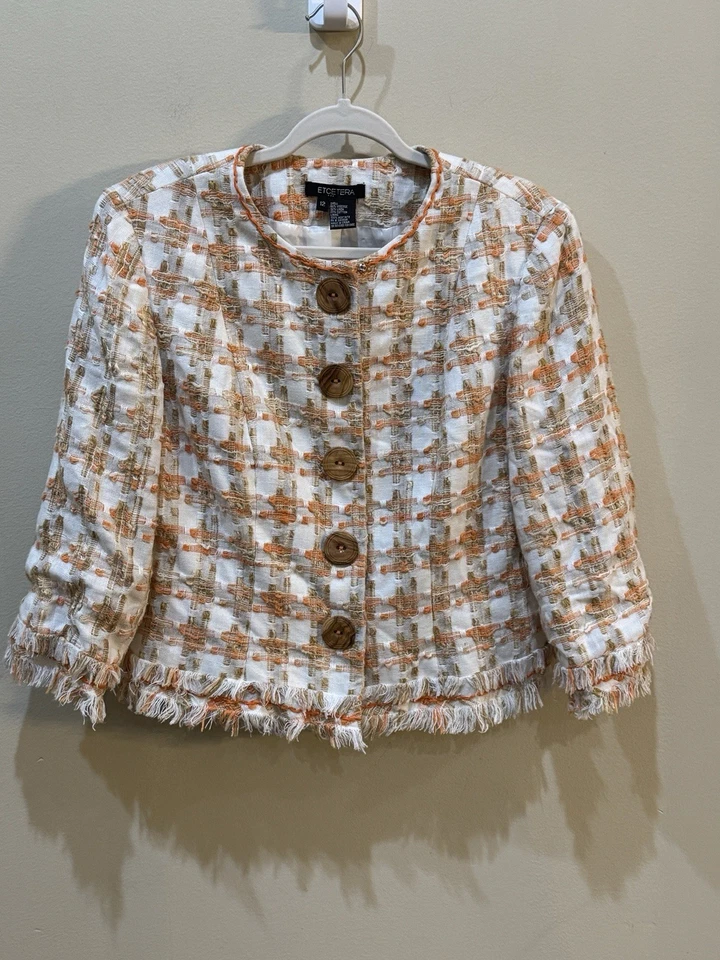 ETCETERA 亚麻条纹前扣短夹克外套 12 码白色橙色 — 第 2/4 张图片