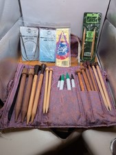 Wooden Knitting Needles Lot Of 14 Various Sizes, Storage Bag, Extras