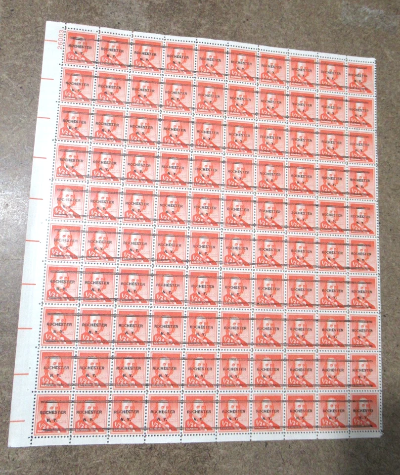 SC#1030, Mint Sheet of 100 1/2 Cent Ben Franklin Stamps, ROCHESTER NY PRE-CANCEL - Image 3 of 4