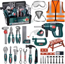 Tool Set with Tool Box & Electronic Toy Drill, Pretend Play Kids Construction Ki